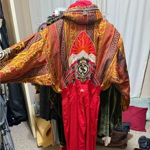 Eclectic Vibrant Red & Gold Ski Suit. stand out on the slopes or winter party